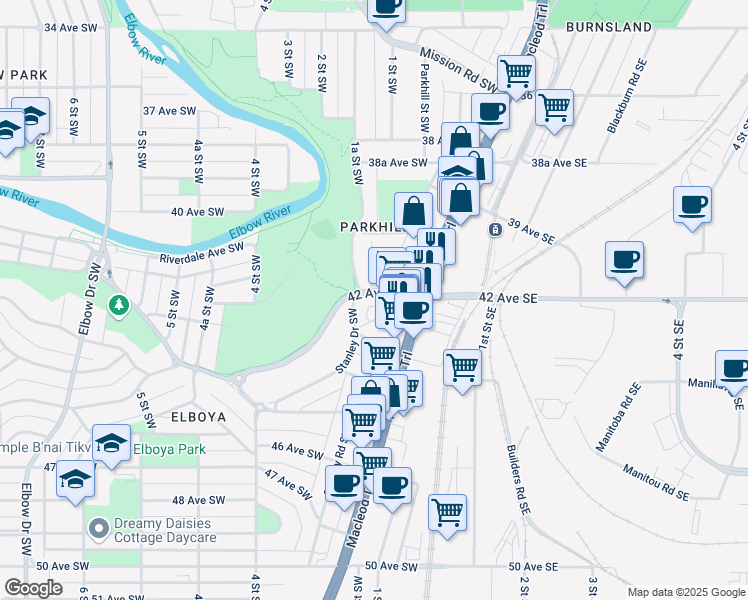 map of restaurants, bars, coffee shops, grocery stores, and more near 4209 Stanley Road Southwest in Calgary