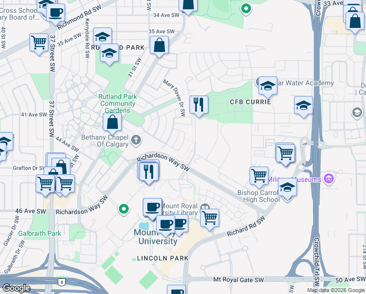map of restaurants, bars, coffee shops, grocery stores, and more near 145 Burma Star Road Southwest in Calgary