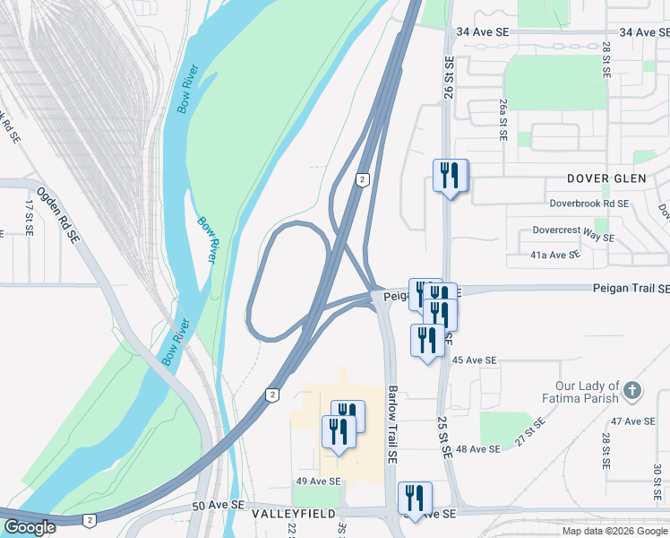 map of restaurants, bars, coffee shops, grocery stores, and more near Deerfoot Trail in Calgary