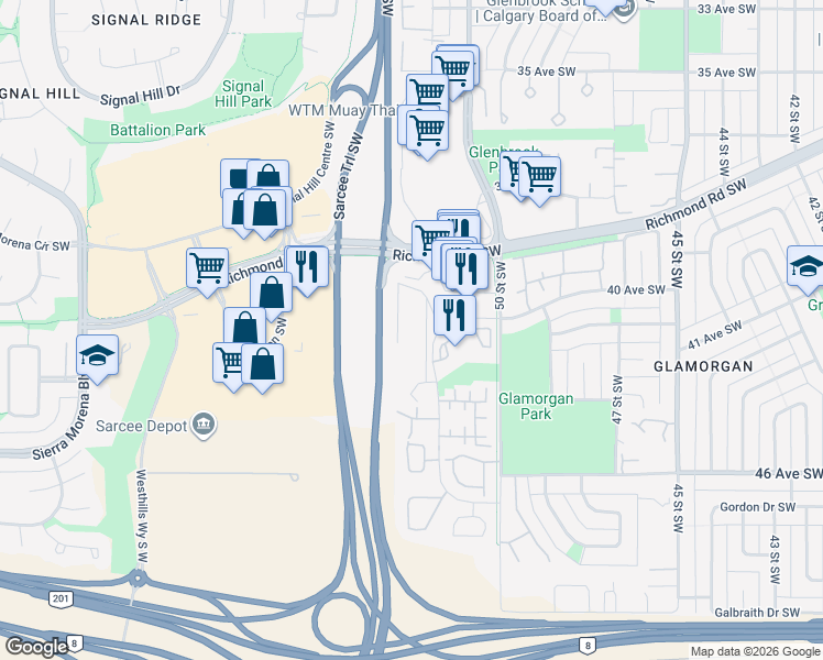 map of restaurants, bars, coffee shops, grocery stores, and more near 71 Glamis Drive Southwest in Calgary