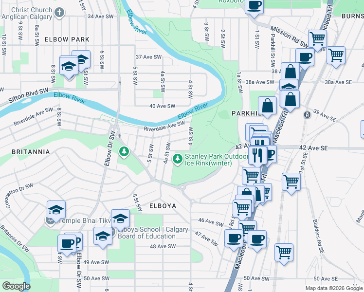 map of restaurants, bars, coffee shops, grocery stores, and more near 401 Cliffe Avenue Southwest in Calgary
