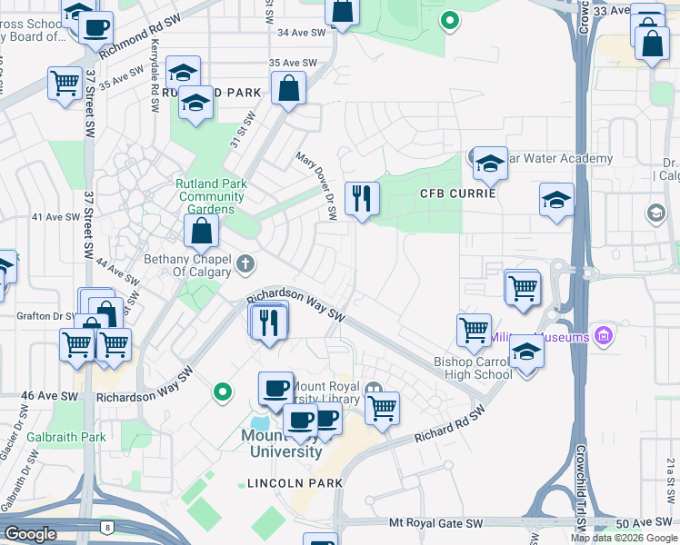 map of restaurants, bars, coffee shops, grocery stores, and more near 145 Burma Star Road Southwest in Calgary