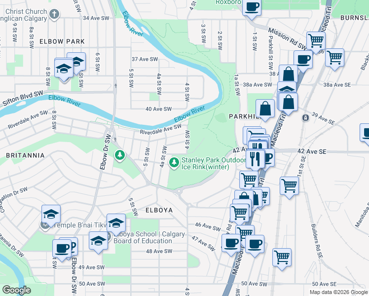 map of restaurants, bars, coffee shops, grocery stores, and more near 401 Cliffe Avenue Southwest in Calgary