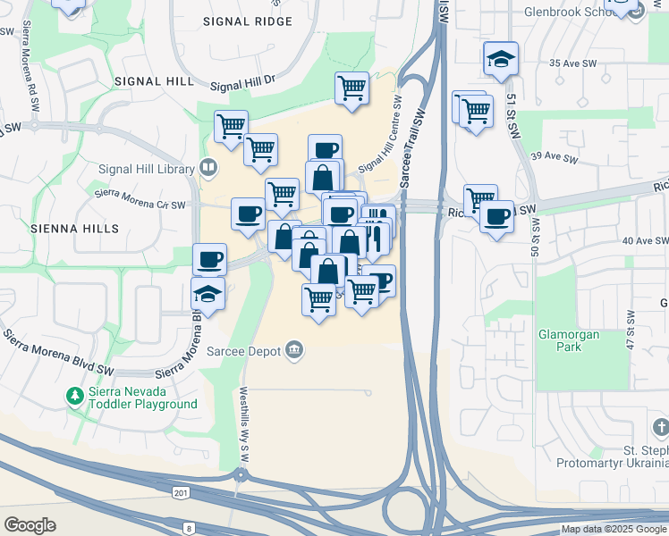map of restaurants, bars, coffee shops, grocery stores, and more near 165 Stewart Green Southwest in Calgary