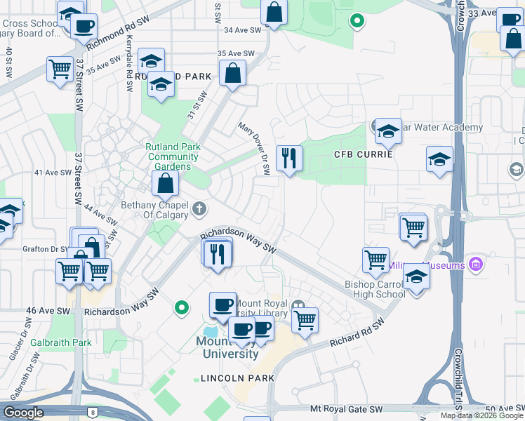 map of restaurants, bars, coffee shops, grocery stores, and more near in Calgary