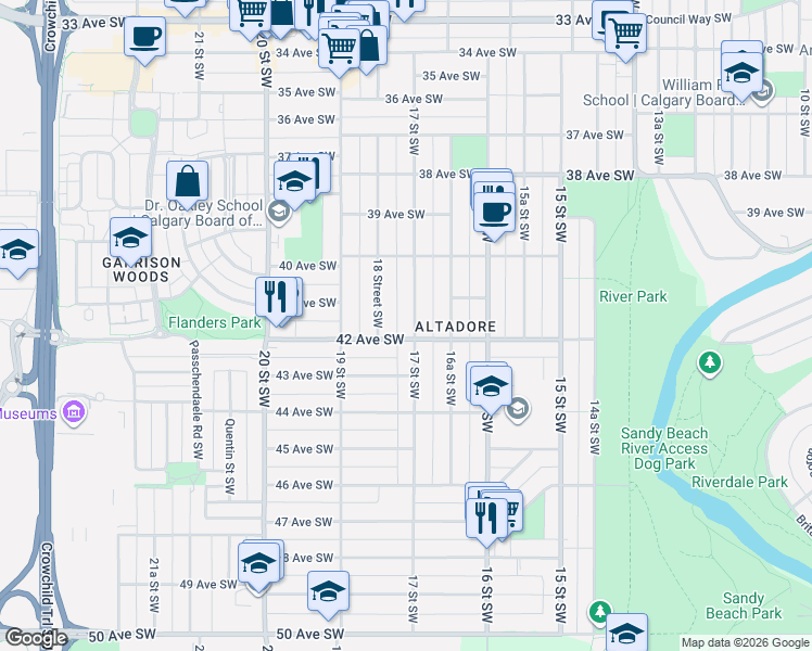 map of restaurants, bars, coffee shops, grocery stores, and more near 4221 17 Street Southwest in Calgary