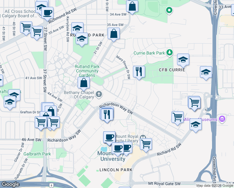 map of restaurants, bars, coffee shops, grocery stores, and more near 60 Hong Kong Road Southwest in Calgary