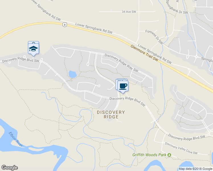 map of restaurants, bars, coffee shops, grocery stores, and more near 55 Discovery Ridge Mews Southwest in Calgary