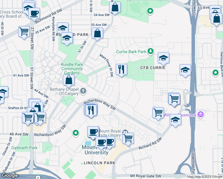 map of restaurants, bars, coffee shops, grocery stores, and more near 115 Bishop Way Southwest in Calgary