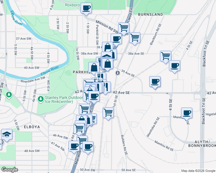 map of restaurants, bars, coffee shops, grocery stores, and more near 4206 Macleod Trail in Calgary