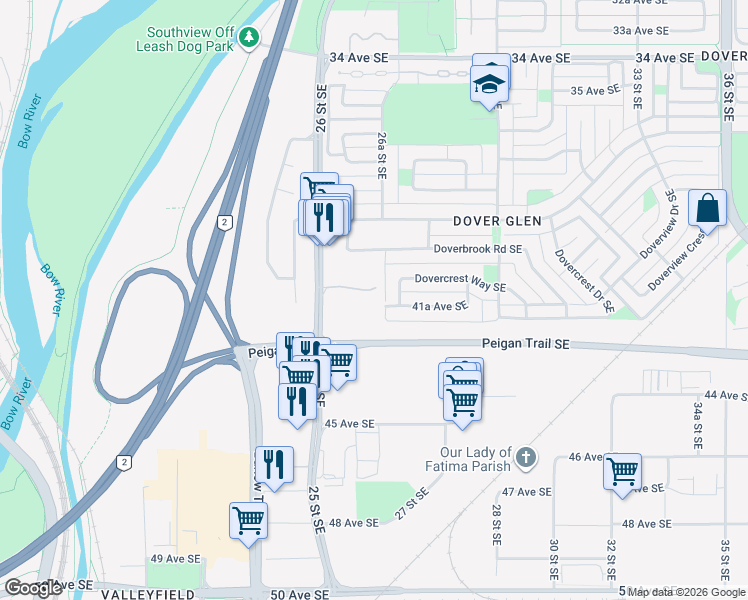 map of restaurants, bars, coffee shops, grocery stores, and more near in Calgary