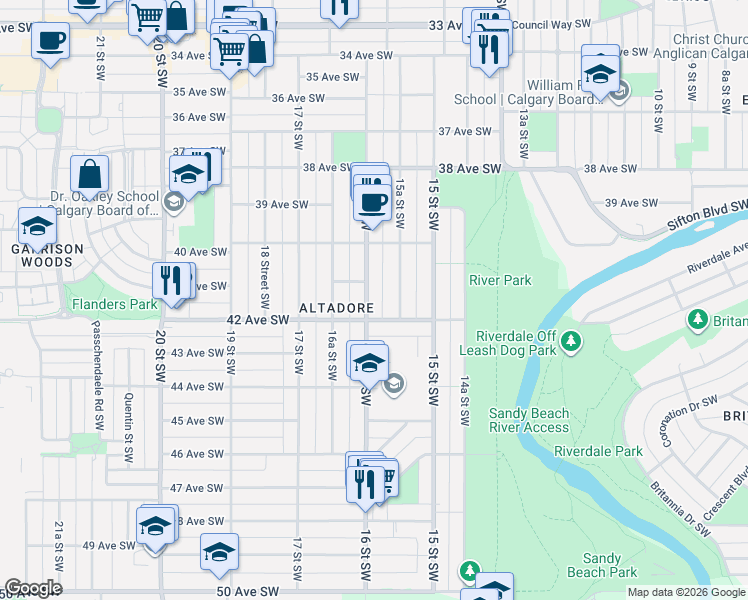 map of restaurants, bars, coffee shops, grocery stores, and more near 4220 16 Street Southwest in Calgary