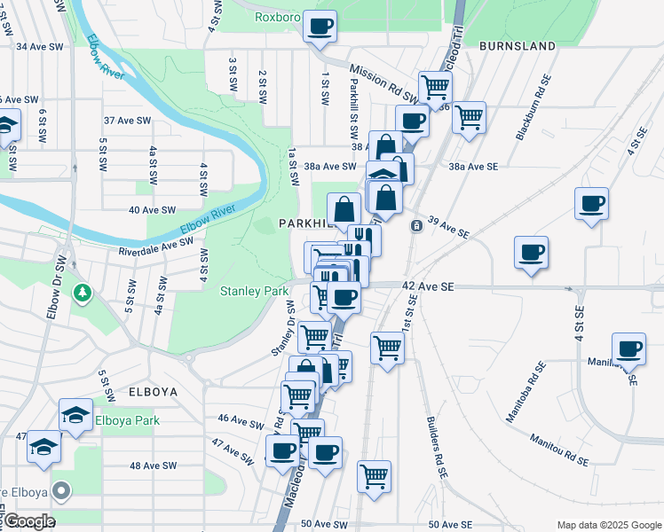 map of restaurants, bars, coffee shops, grocery stores, and more near 4209 Stanley Road Southwest in Calgary
