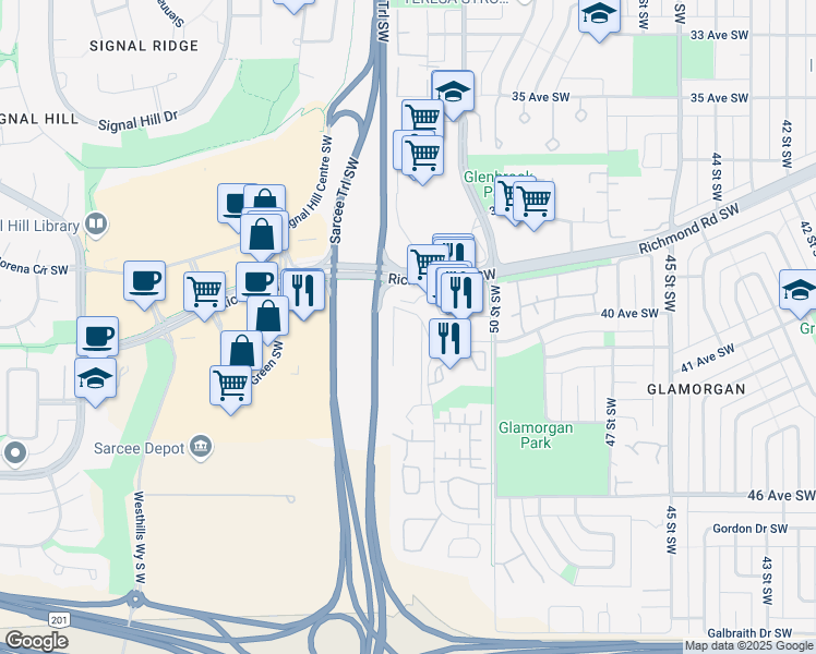 map of restaurants, bars, coffee shops, grocery stores, and more near 73 Glamis Drive Southwest in Calgary