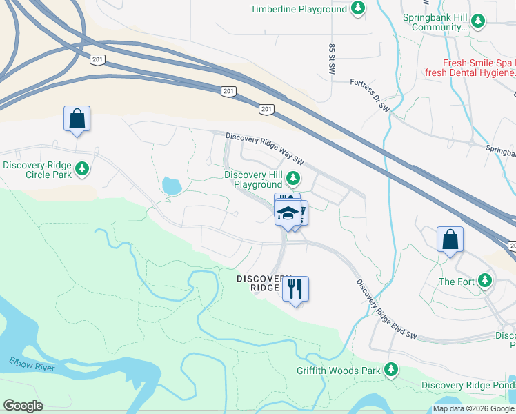 map of restaurants, bars, coffee shops, grocery stores, and more near 55 Discovery Ridge Mews Southwest in Calgary