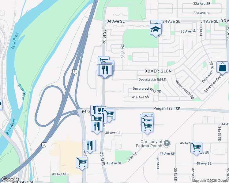 map of restaurants, bars, coffee shops, grocery stores, and more near in Calgary