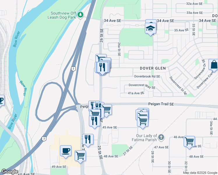map of restaurants, bars, coffee shops, grocery stores, and more near Dover Point Southeast in Calgary