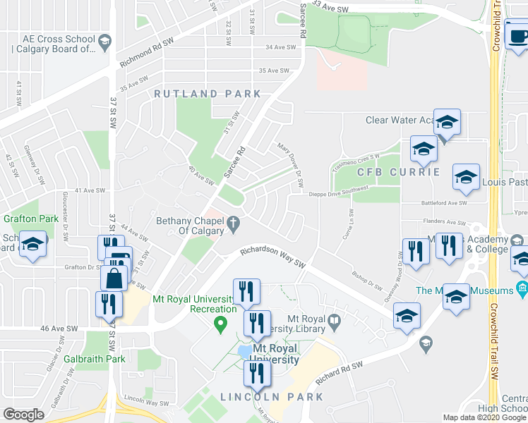 map of restaurants, bars, coffee shops, grocery stores, and more near 60 Hong Kong Road Southwest in Calgary