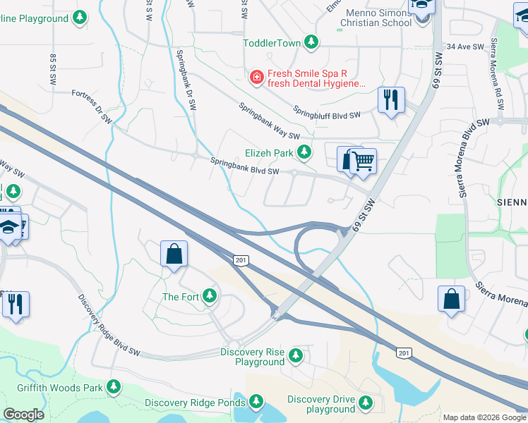 map of restaurants, bars, coffee shops, grocery stores, and more near 65 Spring Crescent Southwest in Calgary