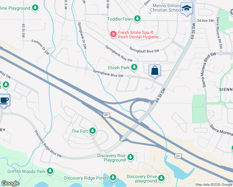 map of restaurants, bars, coffee shops, grocery stores, and more near 65 Spring Crescent Southwest in Calgary