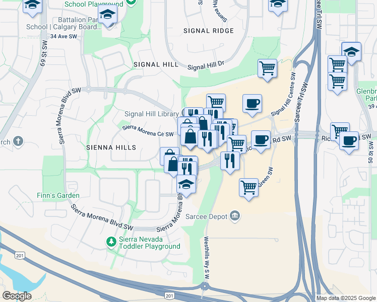 map of restaurants, bars, coffee shops, grocery stores, and more near in Calgary