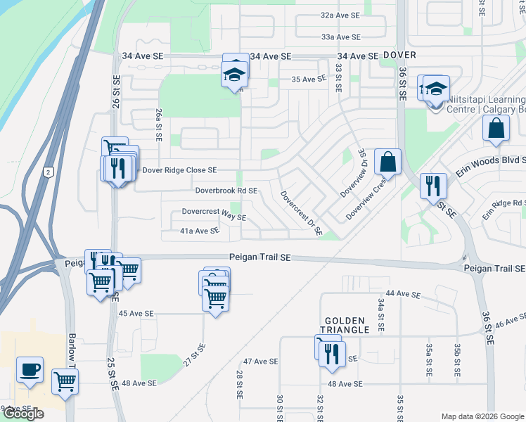 map of restaurants, bars, coffee shops, grocery stores, and more near 4183 Doverbrook Road Southeast in Calgary