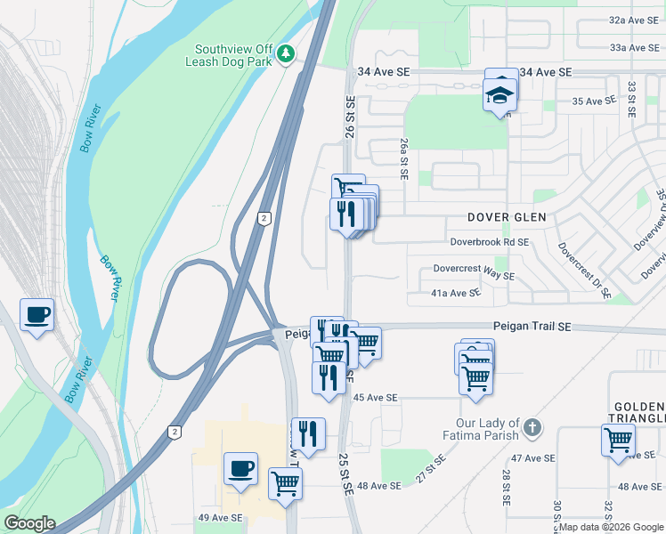 map of restaurants, bars, coffee shops, grocery stores, and more near 31 Doverglen Court Southeast in Calgary