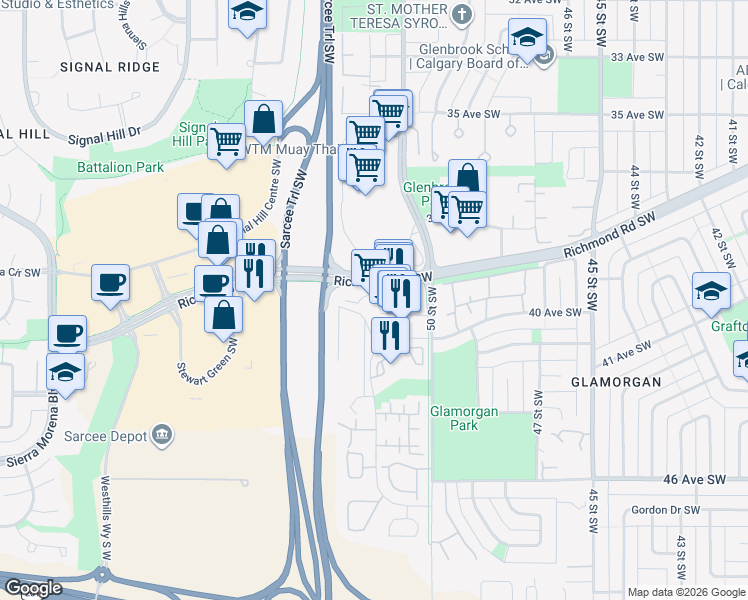 map of restaurants, bars, coffee shops, grocery stores, and more near 5255 Richmond Road Southwest in Calgary