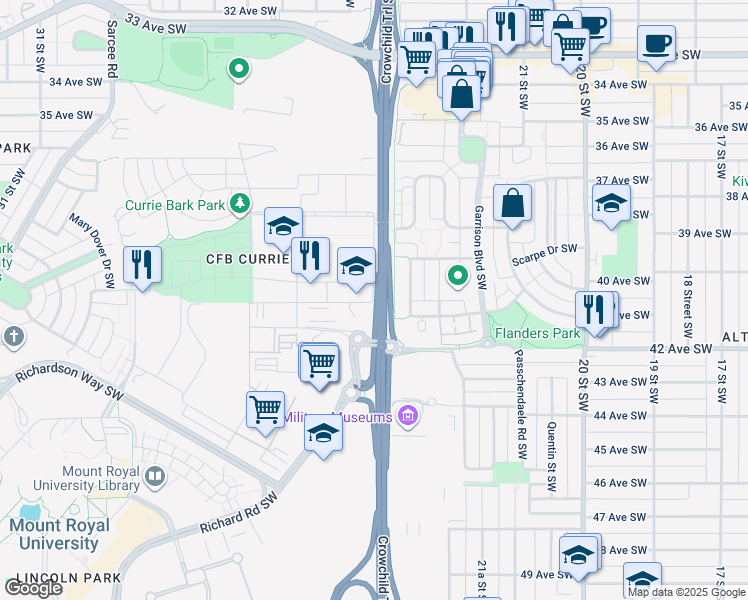 map of restaurants, bars, coffee shops, grocery stores, and more near 4018 Normandy Drive Southwest in Calgary