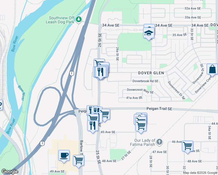 map of restaurants, bars, coffee shops, grocery stores, and more near 2630 Doverbrook Road Southeast in Calgary