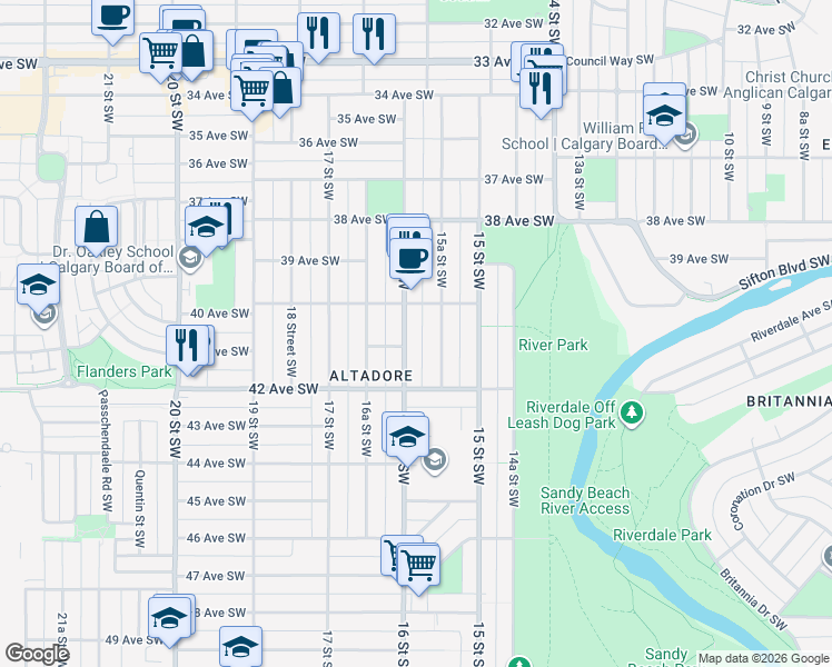 map of restaurants, bars, coffee shops, grocery stores, and more near in Calgary