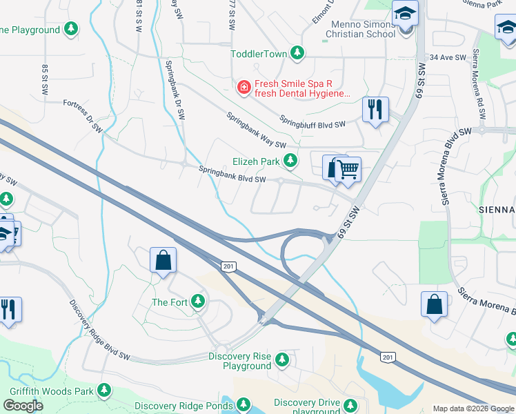 map of restaurants, bars, coffee shops, grocery stores, and more near 21 Spring Crescent Southwest in Calgary