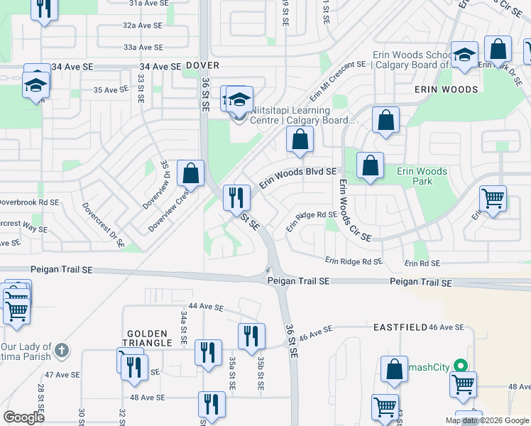 map of restaurants, bars, coffee shops, grocery stores, and more near 12 Erin Woods Court Southeast in Calgary