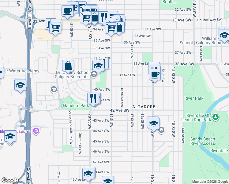 map of restaurants, bars, coffee shops, grocery stores, and more near 4023 19 Street Southwest in Calgary
