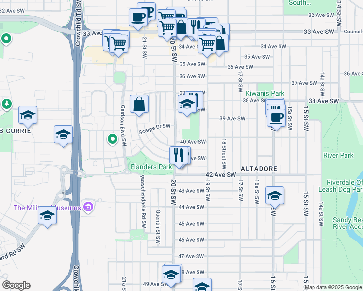 map of restaurants, bars, coffee shops, grocery stores, and more near 2041 40 Avenue Southwest in Calgary
