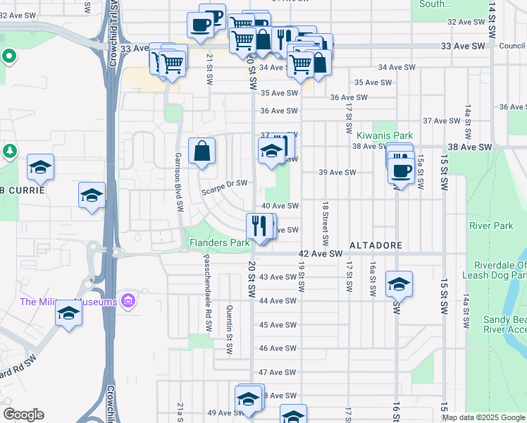 map of restaurants, bars, coffee shops, grocery stores, and more near 2041 40 Avenue Southwest in Calgary