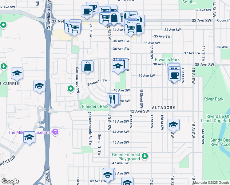 map of restaurants, bars, coffee shops, grocery stores, and more near 2039 40 Avenue Southwest in Calgary
