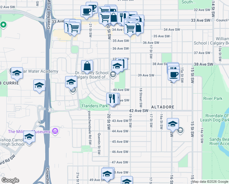 map of restaurants, bars, coffee shops, grocery stores, and more near 2039 40 Avenue Southwest in Calgary