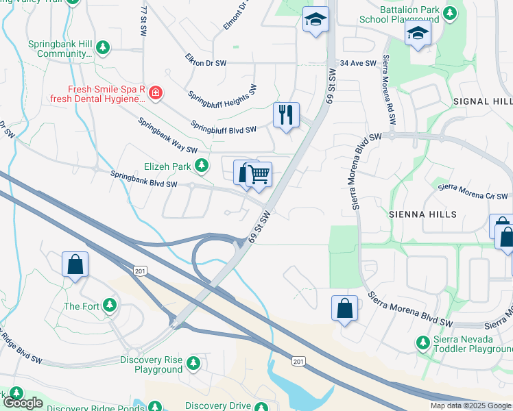 map of restaurants, bars, coffee shops, grocery stores, and more near 7460 Springbank Boulevard Southwest in Calgary