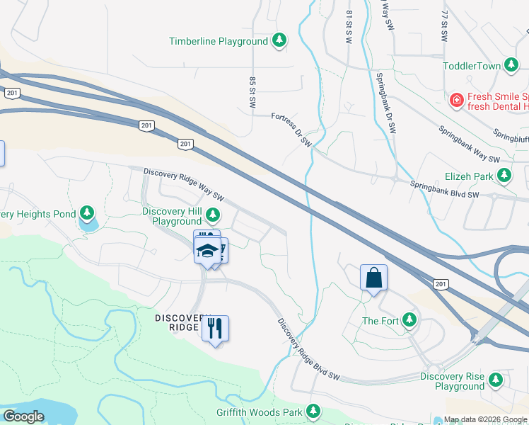 map of restaurants, bars, coffee shops, grocery stores, and more near 90 Discovery Ridge Way Southwest in Calgary