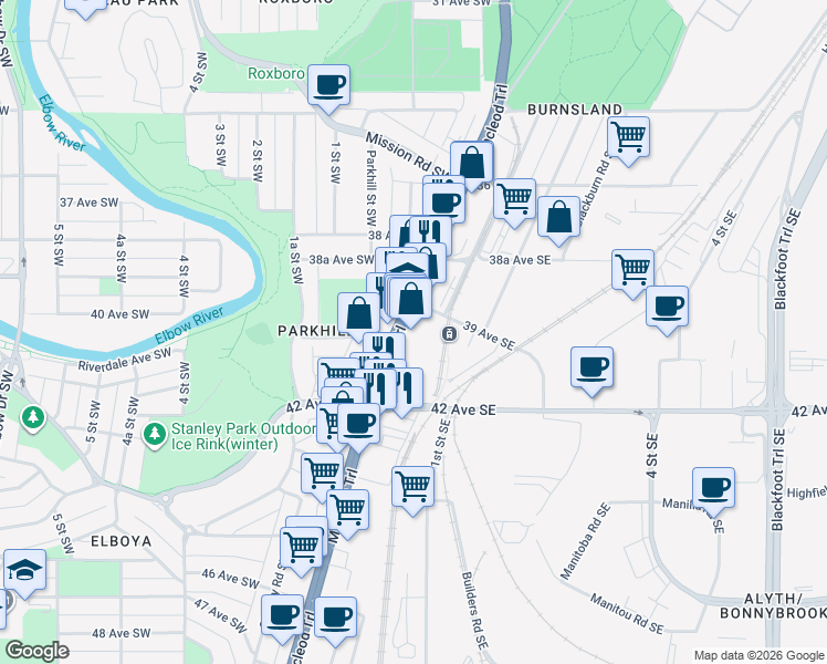 map of restaurants, bars, coffee shops, grocery stores, and more near 318, 4014 Macleod Trail Southeast in Calgary