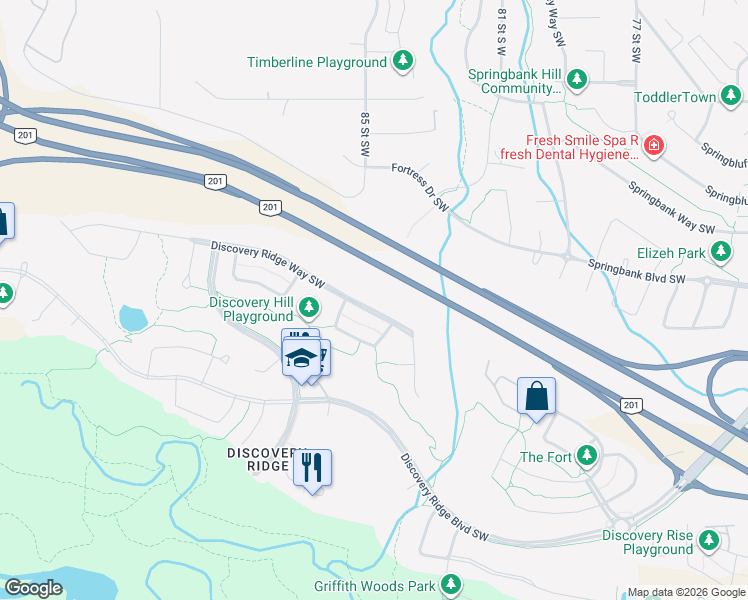 map of restaurants, bars, coffee shops, grocery stores, and more near 90 Discovery Ridge Way Southwest in Calgary