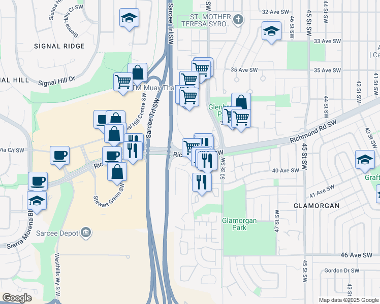 map of restaurants, bars, coffee shops, grocery stores, and more near 5696 Richmond Road Southwest in Calgary