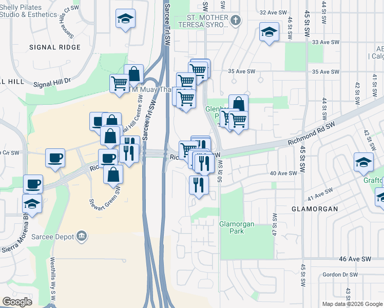 map of restaurants, bars, coffee shops, grocery stores, and more near 5255 Richmond Road Southwest in Calgary