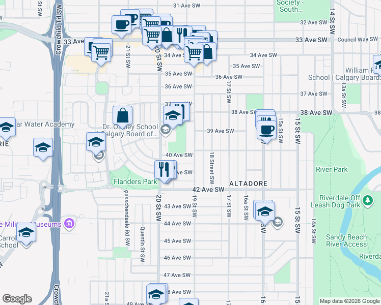 map of restaurants, bars, coffee shops, grocery stores, and more near 2006 40 Avenue Southwest in Calgary