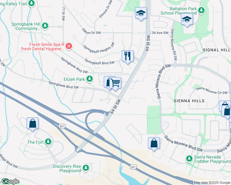 map of restaurants, bars, coffee shops, grocery stores, and more near 7460 Springbank Boulevard Southwest in Calgary