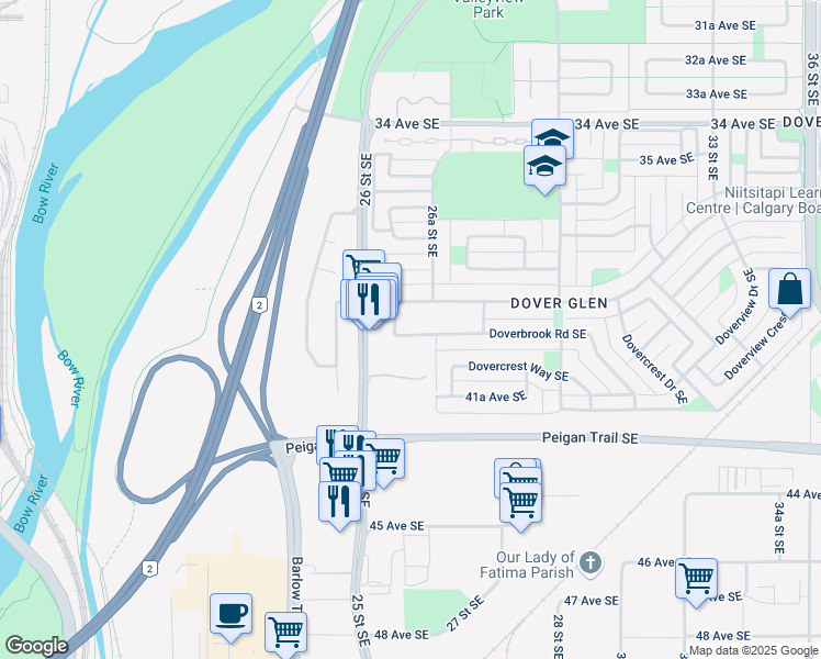 map of restaurants, bars, coffee shops, grocery stores, and more near 2624 Doverbrook Road Southeast in Calgary
