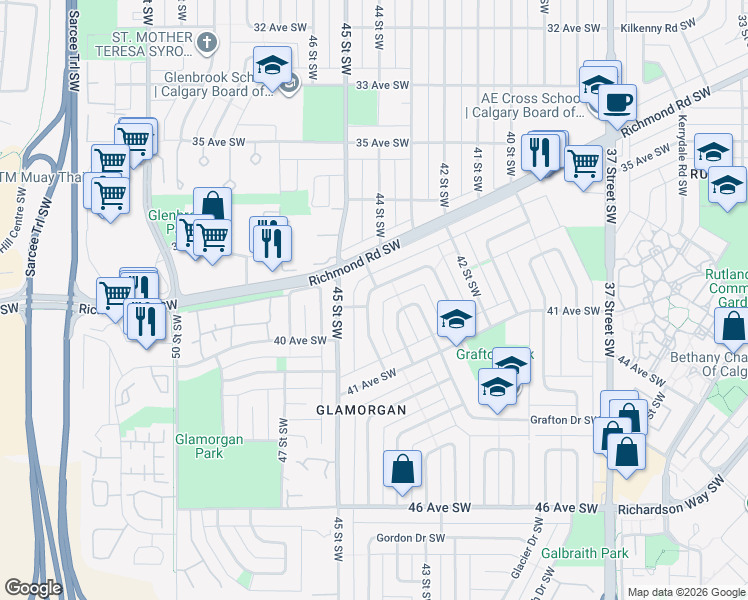 map of restaurants, bars, coffee shops, grocery stores, and more near 9 Gainsborough Drive Southwest in Calgary