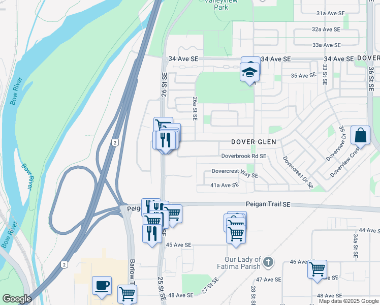 map of restaurants, bars, coffee shops, grocery stores, and more near 2630 Doverbrook Road Southeast in Calgary