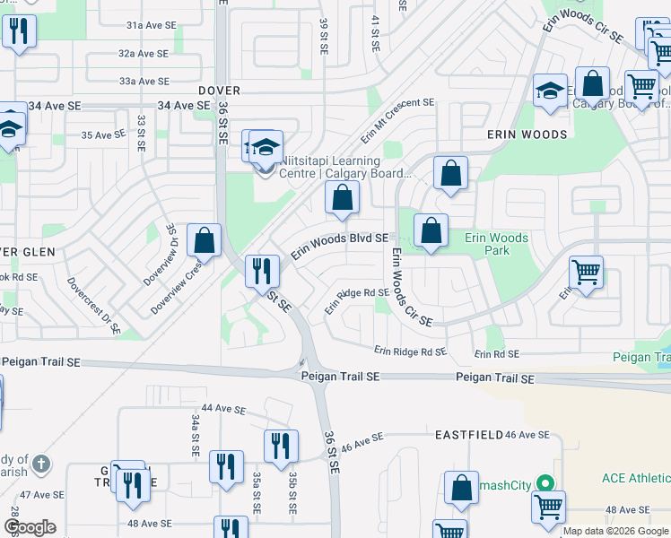 map of restaurants, bars, coffee shops, grocery stores, and more near 37 Erin Woods Place Southeast in Calgary